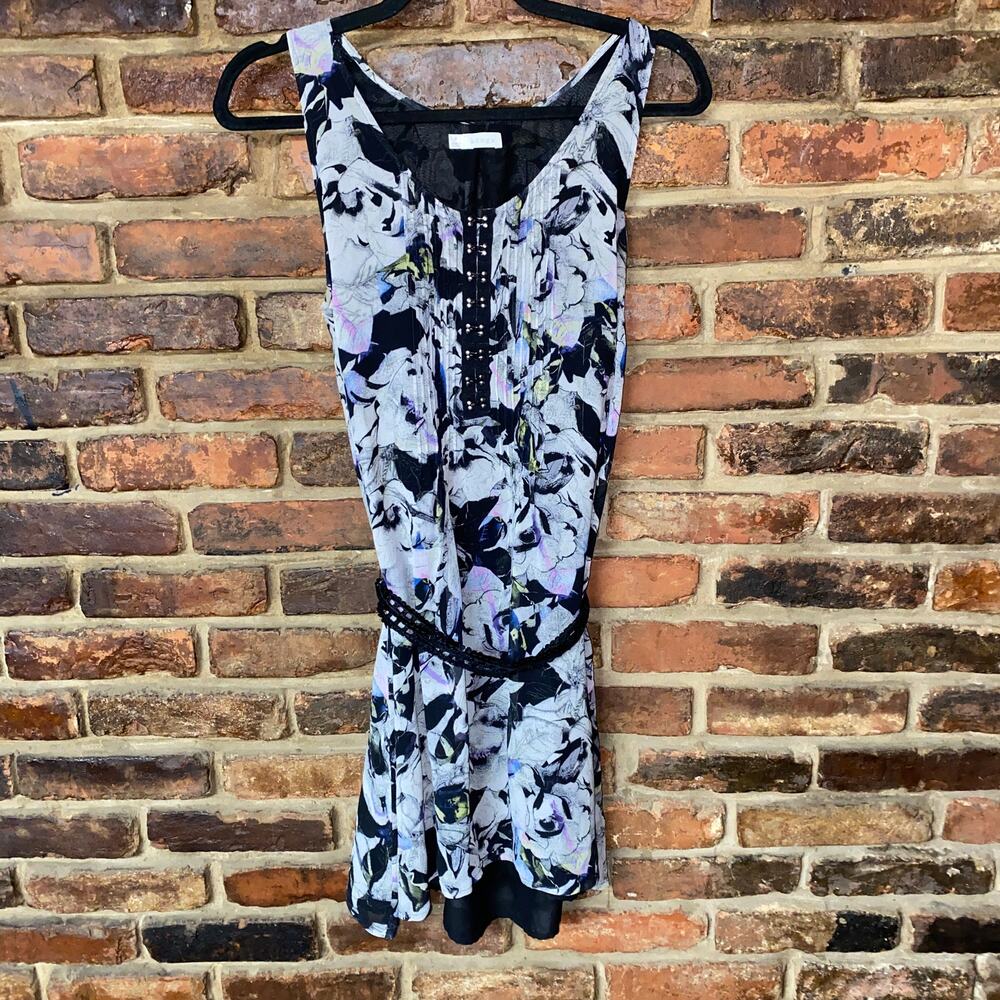 Hinge Floral Silk Sleeveless Hook & Eye Sequined Belt Mini Dress Women's Small